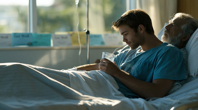 Teenage boy helps his bedridden grandfather drink from a straw cup in a sunlit hospital room, Get Well cards lined on the windowsill, IV stand casting a thin shadow across the