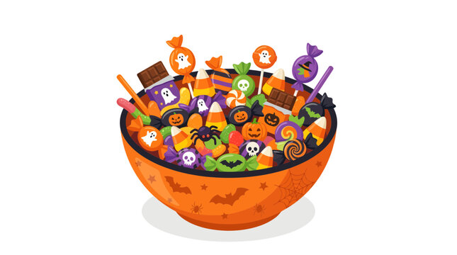 Cartoon Halloween Candy Bowl Filled with Spooky Treats and Sweets on Orange Background