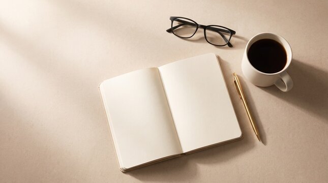 Blank notebook, coffee cup, and pen photo on beige surface with copy space