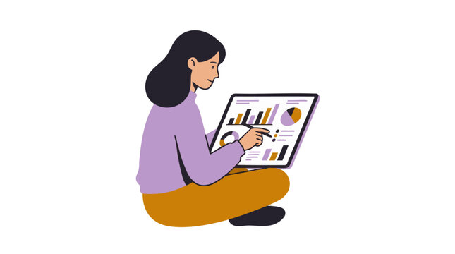 Modern professional woman with financial charts on digital tablet screen, concept for business data analysis, remote work and corporate presentations