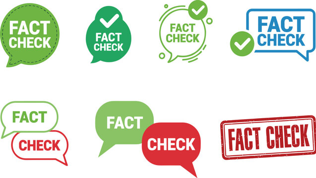 Fact Check Badge Collection with Verified Checkmarks and Speech Bubbles in Green Blue and Red Vector Design