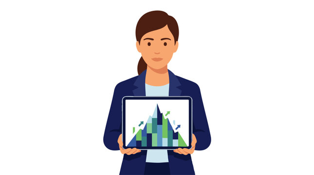 Professional businesswoman with digital tablet displaying financial growth chart, concept for corporate business presentation, financial analysis and modern office technology