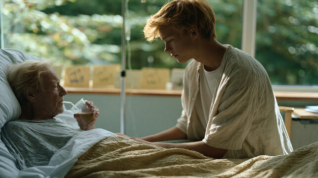 Teenage boy helps his bedridden grandfather drink from a straw cup in a sunlit hospital room, Get Well cards lined on the windowsill, IV stand casting a thin shadow across the