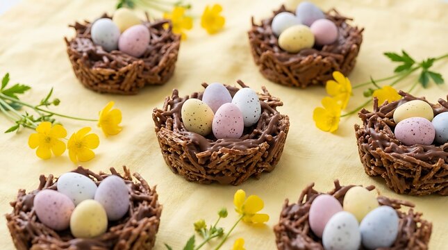 Easter chocolate nests with candy eggs on yellow wooden table