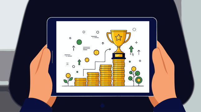Digital tablet display with financial success vector illustration, concept for business growth, investment strategy and corporate achievement presentation