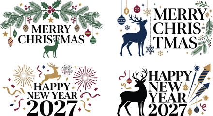 Fototapeta premium A festive collection of holiday greetings merry christmas and happy new year 2027 celebrations with elegant deer designs