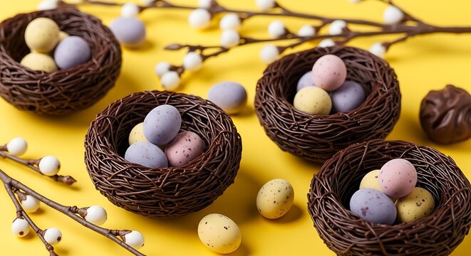 Easter chocolate nests with candy eggs on yellow wooden table