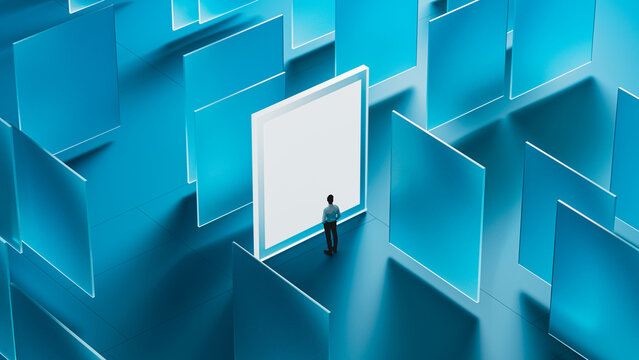 Businessman Facing a Blank Screen in a Digital Maze