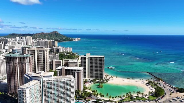 Aerial view of Waikiki Beach and Diamond Head in Honolulu, Oahu, Hawaii