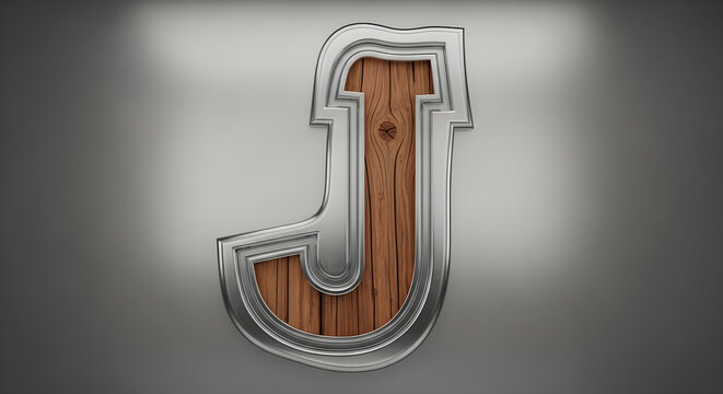 Letter J Artistic Typography Featuring a Blend of Rustic Wooden Texture and Polished Metallic Silver Border Design Elements for Creative Branding