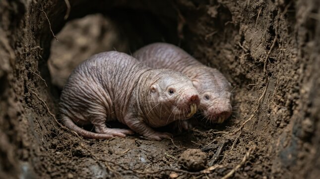 Naked Mole Rats in Burrow. Close-up Wildlife Photo. Two rodents huddled underground.