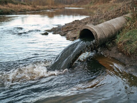 Concrete drainage pipe releasing dark water into muddy riverbank beside calm flowing stream, close view of environmental runoff, erosion, pollution, and natural water movement in rural landscape