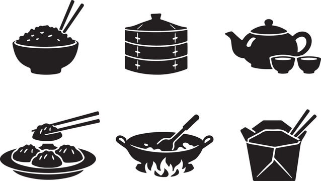 Traditional Chinese cuisine and Asian food set of 6 silhouette vector