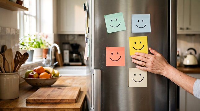 Hand placing a smiley face sticky note on a stainless steel refrigerator