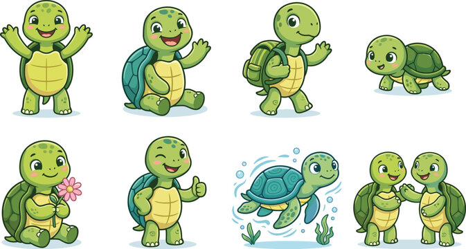 Cute Turtle Character Collection with Playful Green Tortoises for Children Wildlife and Educational Designs