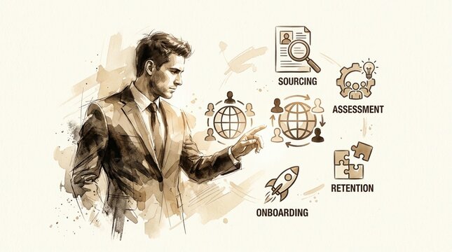 Watercolor Businessman Managing Global Recruitment Process Icons for Sourcing Assessment Onboarding Retention
