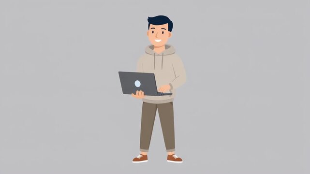 Cartoon Cheerful Programmer Wearing Hoodie and Casual Pants