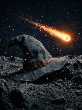 Mystical Wizard Hat on Rocky Terrain with a Glowing Comet Streaking Across the Starry Night Sky