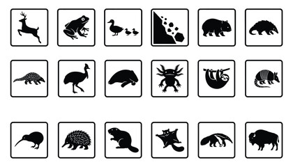 Fototapeta premium Collection of black and white animal silhouette square icons showcasing diverse global wildlife species