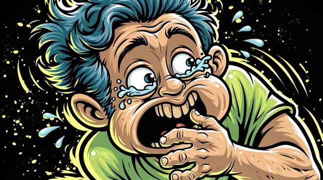 Emotional distress and mental health concept cartoon man crying with hands over mouth in deep sorrow and psychological pain expressive digital illustration