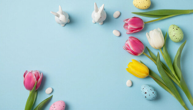 Easter composition with flowers eggs and bunnies on blue background