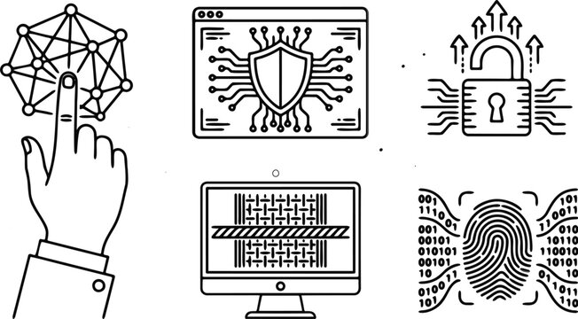 Cybersecurity icon set with hand touching network shield computer lock fingerprint black line art vector isolated on white background