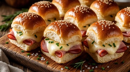Naklejka na ściany i meble Delicious ham, cheese sliders on wooden board. Mini sandwiches with melted swiss cheese, pink ham inside sweet hawaiian buns. Topped with sesame seeds, fresh chives. Tasty party finger food served