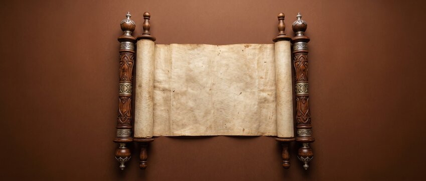 Ancient scroll on brown background with wooden rollers  