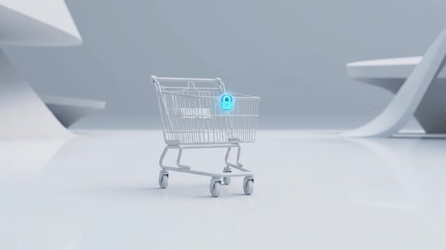 A futuristic video shows a white shopping cart with a glowing blue digital lock icon inside. The camera zooms out in a clean, minimalist white space as the lock disappears in a flash of light.