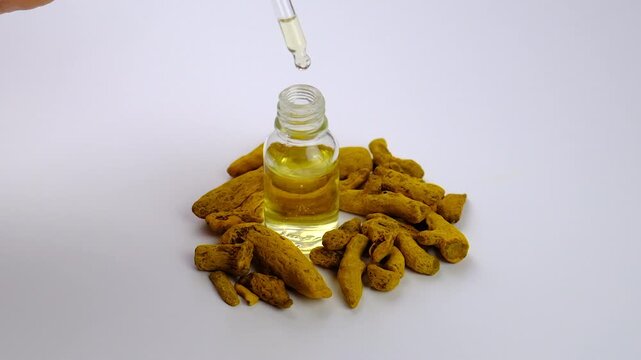 Turmeric root for supplements and essential oils. Selective focus.