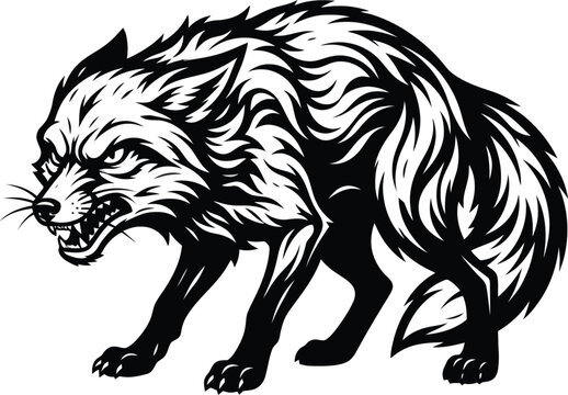A detailed black and white illustration of a menacing wolf in a dynamic aggressive pose