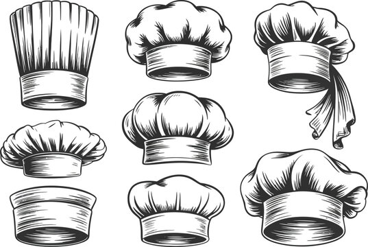 Collection of detailed black and white illustrations of chef hats Keywords: chef hat, toque