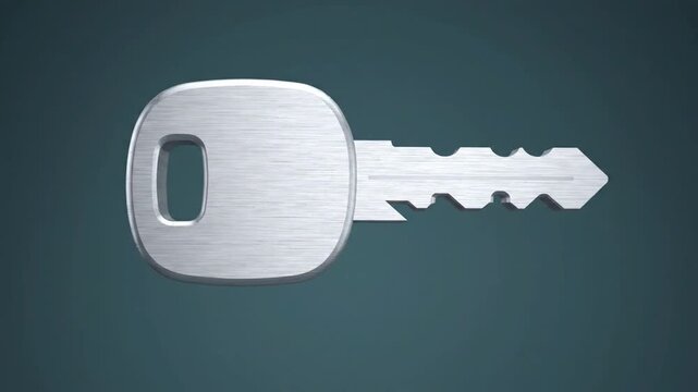 Small metallic cubes fly together and assemble to form a solid silver key against a dark background, representing security and creation in this smooth 3D animation.