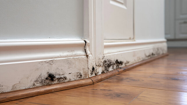 black mold and damp damage on interior wall near wooden floor, moisture problem, water damage, unhealthy home condition and property maintenance concept