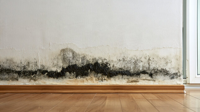black mold and damp damage on interior wall near wooden floor, moisture problem, water damage, unhealthy home condition and property maintenance concept