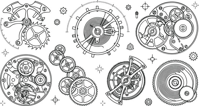 Luxury watch movement components flat vector illustration pack showing modern timekeeping clockwork gears