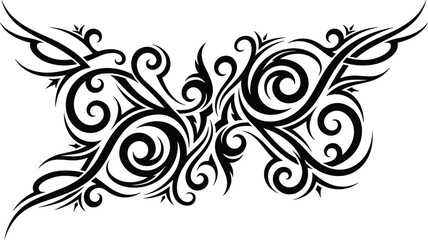 Fototapeta premium Abstract Butterfly Tribal Tattoo Vector Design Featuring Symmetric Black Swirls and Sharp Flame Motifs for Body Art, Decals, and Clothing Prints