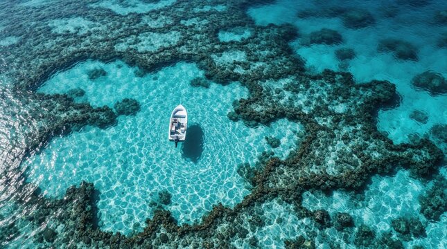 Small white boat drifts on clear turquoise water above coral reef. Sunlit ocean surface shows coral formations below and ripples of light on sandy bottom.