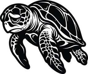 Fototapeta premium A striking black and white silhouette of a sea turtle gracefully swimming showcasing its detailed shell and flippers