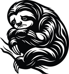 Fototapeta premium A striking black and white silhouette of a charming sloth clinging to a branch showcasing its peaceful nature