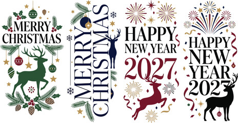Fototapeta premium Festive holiday greetings a collection of merry christmas and happy new year 2027 celebrations with reindeer and ornamental designs