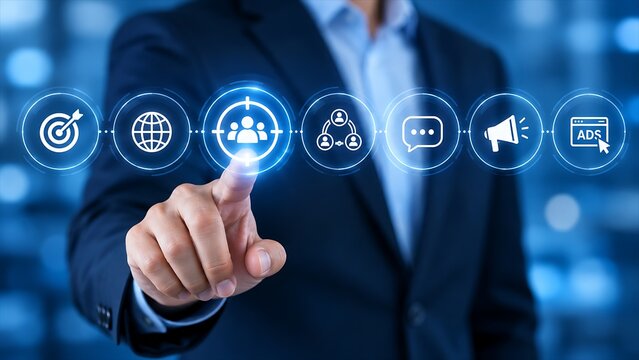 Businessman's finger selects audience icon on digital interface with bokeh background representing marketing strategy