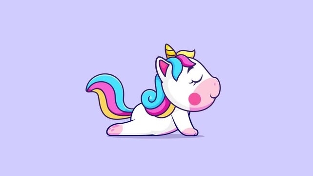 Cute Unicorn Stretching Yoga Floor Cartoon Video Animation Loop. Fantasy Animal Character Concept Motion Graphic Stock Video