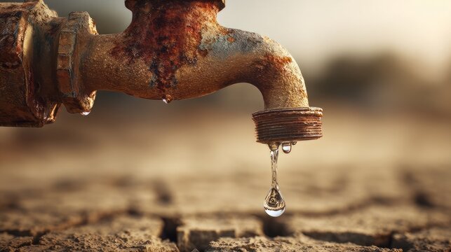 Rusty old outdoor water faucet dripping over dry cracked soil, rusty metal tap water shortage concept, water scarcity and drought background