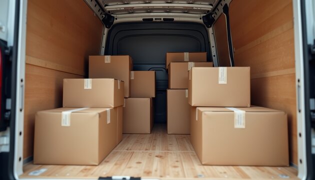 Multiple cardboard boxes stacked inside an open delivery van with wooden flooring and beige interior walls. The packages are labeled and organized for transport or distribution.