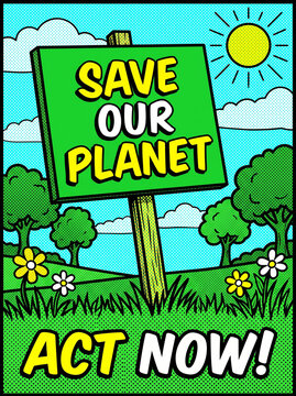 Earth Day poster with green sign urging to save our planet  