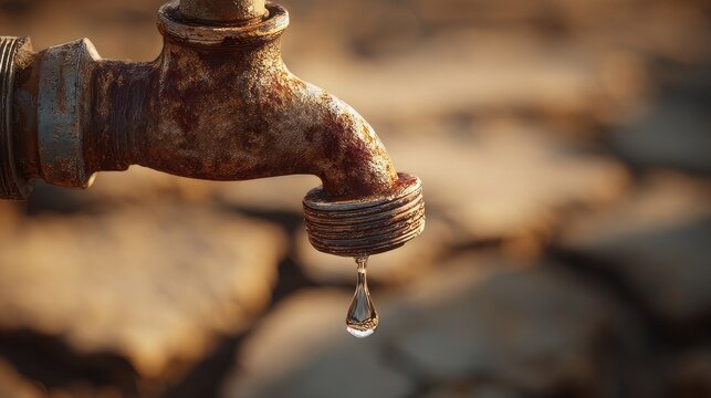 Rusty old water tap dripping last droplet over cracked dry ground, water scarcity and drought concept, climate change crisis background