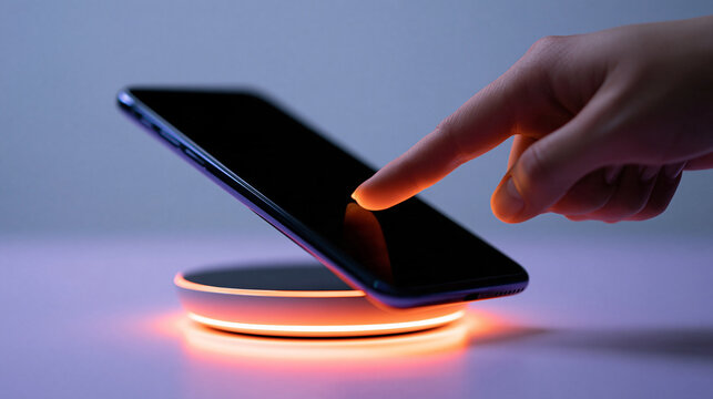 Businesswoman's hand tapping a phone against a contactless payment reader, soft lavender ambient light with orange interface glow, fintech minimalism, Copy Space