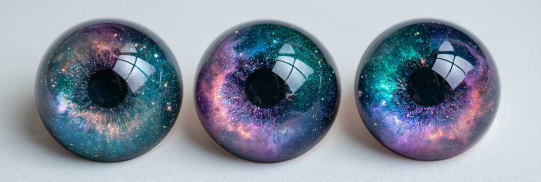 Drei Glasmurmeln mit Galaxie-Muster in Blau und Violett