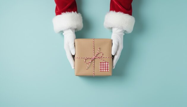 Santa's gloved hands hold a kraft paper gift box with red-and-white striped twine and a checkered gift tag against a soft turquoise background.